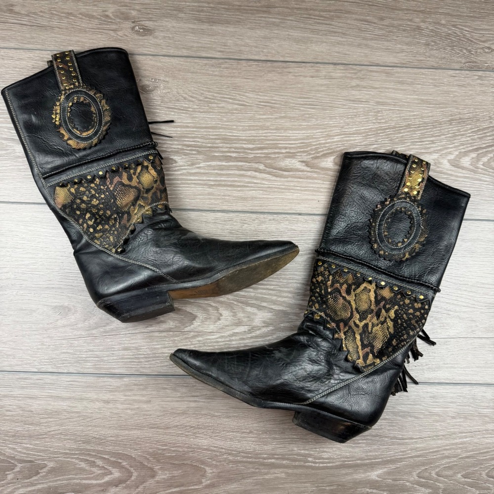 El Vaquero Womens Western Boots Snakeskin Studded Fringe Black Size 40